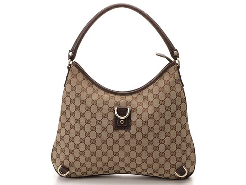 Gucci Abbey GG Shoulder Bag Canvas Leather Beige Cream Dark Brown